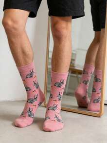 1 双男士粉色底灰色兔子胡萝卜图案中筒袜，四季皆宜 - 彩色 - 查看 4