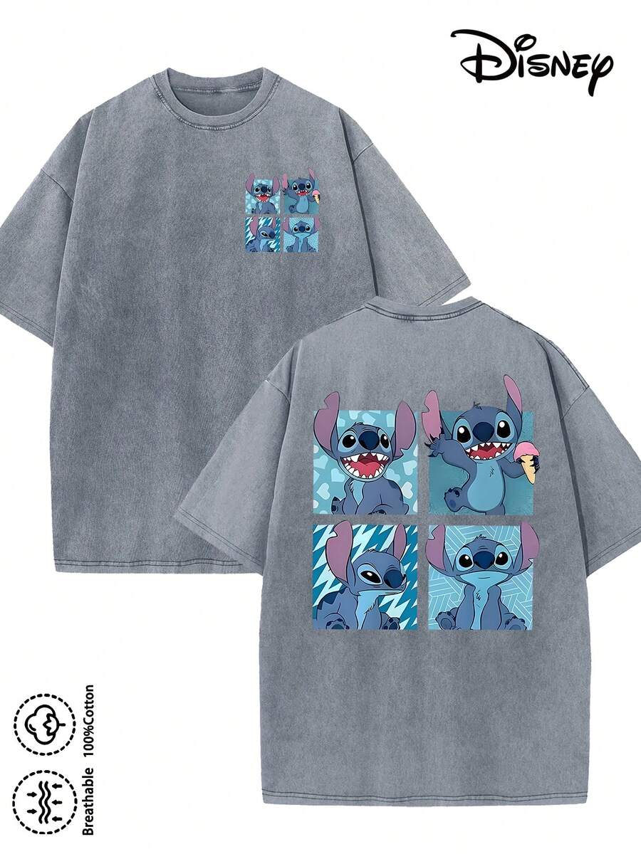 Disney-Licensed Men's Cotton T-Shirt For The 2026 Family Holiday. Featuring A Stitch Motif, Washed Crew Neck, Soft And Comfortable Feel, Easy Care And Suitable For Various Occasions Such As Holidays, Everyday Life And Commuting – Full Of Festive Spirit. - 灰色 - 查看 1