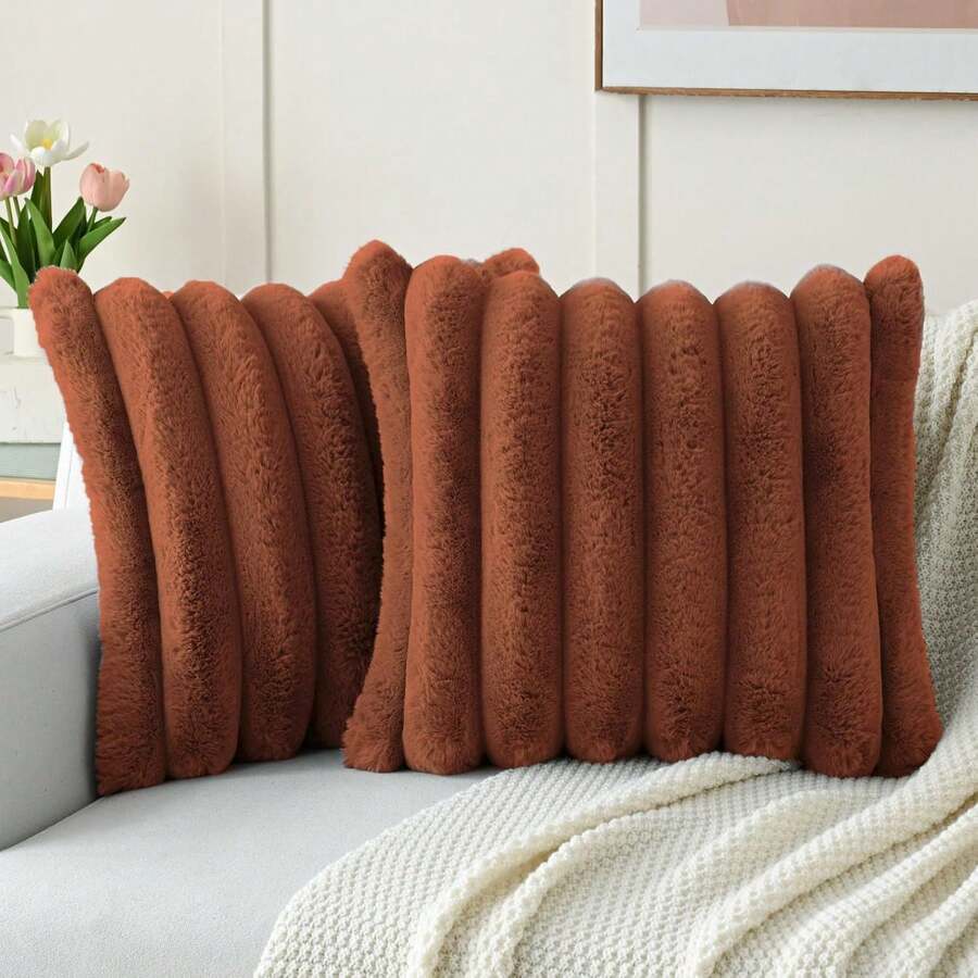 1pc Solid Color Cushion Cover Without Filler, Soft Faux Rabbit Fur Big Striped Cushion Cover, For Living Room Sofa