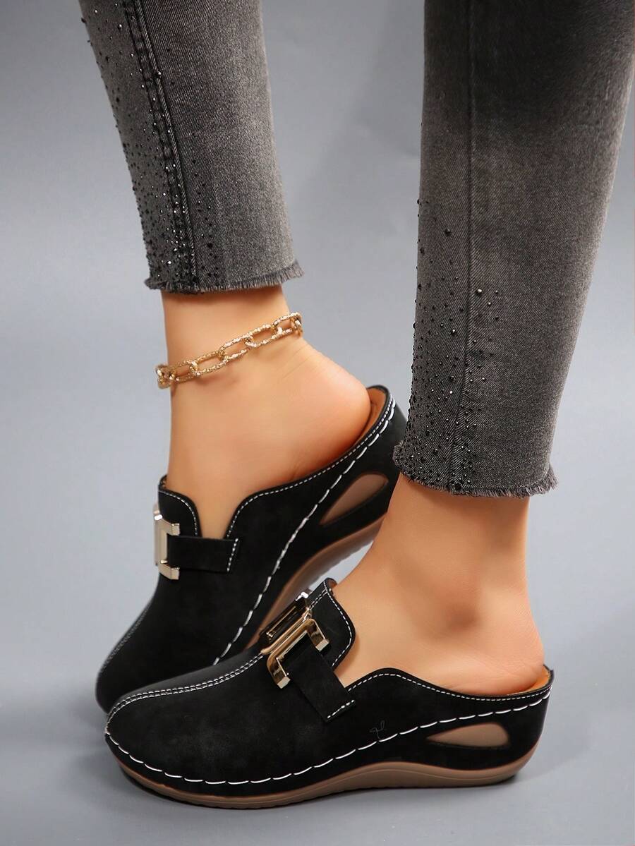 New Metal Chain Buckle Thick Soled Sandals, Fashionable And Comfortable, Suitable For Daily Wear - 黑色 - 查看 1