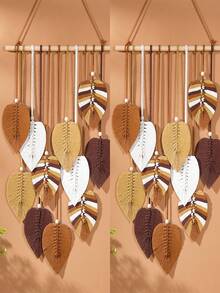 1pc Bohemian Handmade Woven Leaf Tapestry, Room Decor Hanging Wall Art With Tassels, Photo Display For Bedroom - Green - View 26