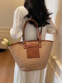 Fashion Large Capacity Woven Tote Bag, New Beach VacationOne Shoulder Underarm Straw Large Bag - Khaki - View 3