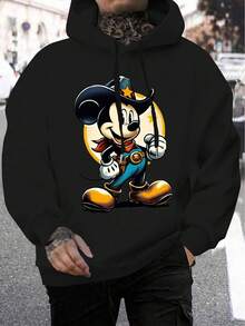Disney Mickey Mouse Pattern Men's Sweatshirt, Regular Fit, Machine Washable, Suitable For Casual Wear In Autumn And Winter, Cartoon Character Design, Comfortable Fabric, Detailed Description, Easy To Care For, Suitable As A Gift, Birthday Gift, Or Present. - 黑色 - 查看 1