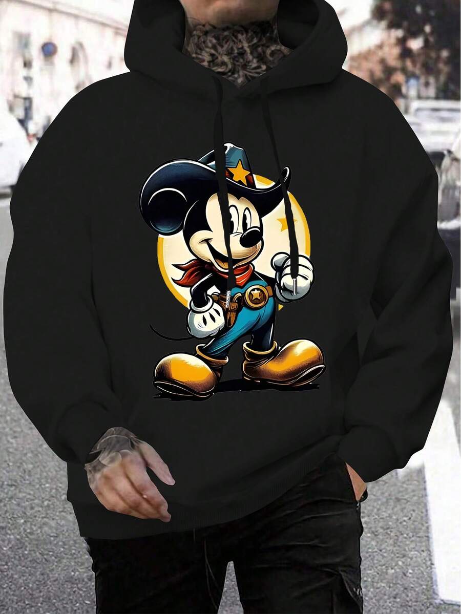 Disney Mickey Mouse Pattern Men's Sweatshirt, Regular Fit, Machine Washable, Suitable For Casual Wear In Autumn And Winter, Cartoon Character Design, Comfortable Fabric, Detailed Description, Easy To Care For, Suitable As A Gift, Birthday Gift, Or Present. - 黑色 - 查看 1