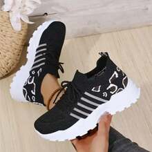 Fashion Leopard Print Lace-Up Trainers. Lightweight Mesh, Cushioned Sole And Flexible Design, Comfy For Gym, Walking And Everyday Casual Wear. - Black - View 4