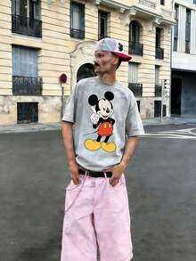 Disney-American Retro Classic Mickey Print T-Shirt Gray Washed 100_ Pure Cotton Short Sleeved Loose Shoulder Versatile Casual Top - Grey - View 1
