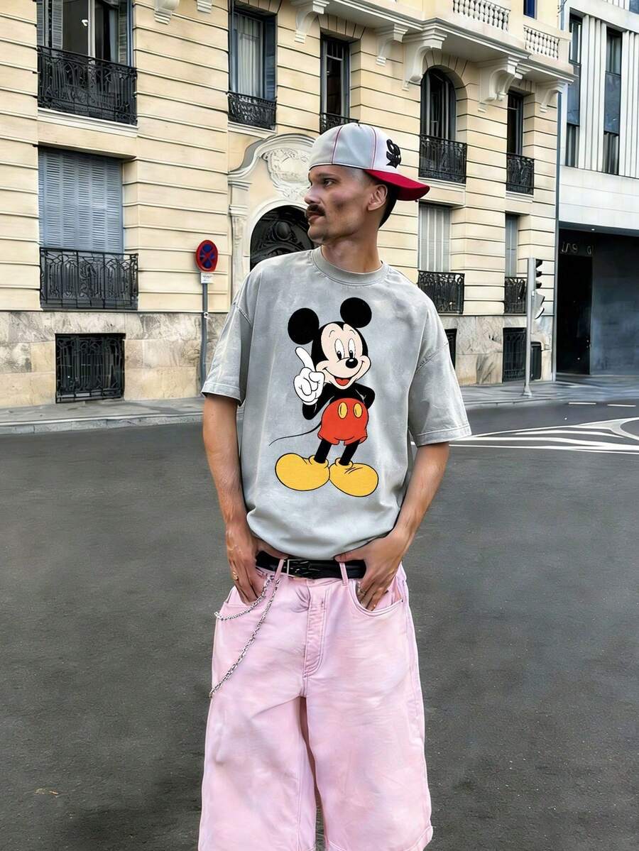 Disney-American Retro Classic Mickey Print T-Shirt Gray Washed 100_ Pure Cotton Short Sleeved Loose Shoulder Versatile Casual Top - Grey - View 1
