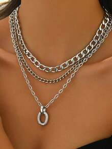 Fashionable Hip-Hop Aluminum Multi-Layer Necklace - Silver - Visa 2