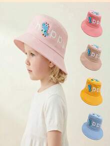 1pc Kids Dinosaur Embroidered Bucket Hat, Boys/Girls Happy Letter Print Sun Protection Cap - Dinosaur Fisherman's Hat - View 1