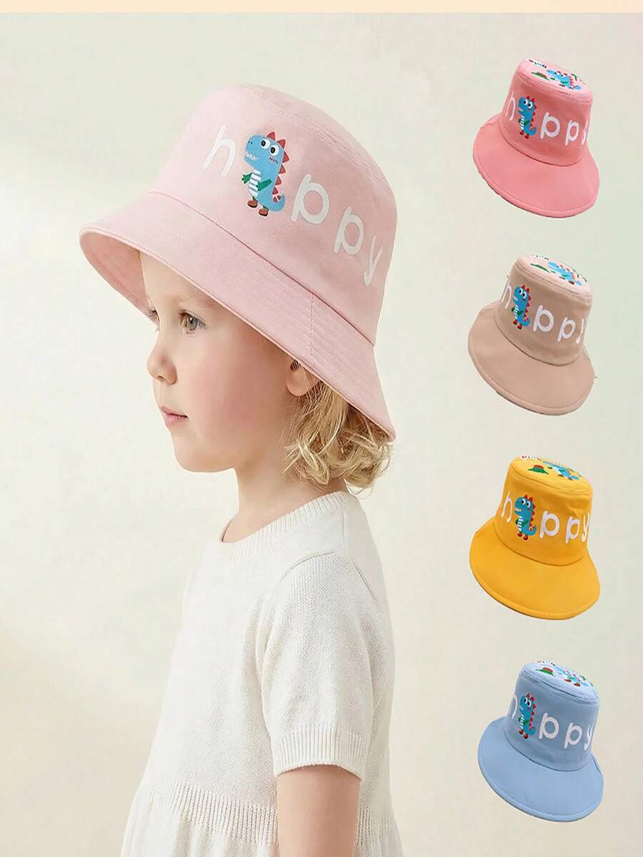 1pc Kids Dinosaur Embroidered Bucket Hat, Boys/Girls Happy Letter Print Sun Protection Cap - Dinosaur Fisherman's Hat - View 1