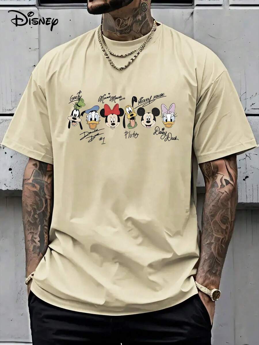 [Disney Official Genuine Authorization] Mickey Mouse And Friends Adult Signature T-Shirts Donald Duck Proto And Goofy Pattern, Short-Sleeved Round Neck Casual Summer Shirt, Machine Washable, Cartoon Design, Comfortable. - 杏色 - 查看 1