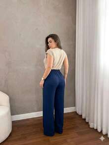 Duna Casual Wide Leg Palazzo Pants With Lining, Front Slit, Elegant And - 藏蓝色 - 查看 2
