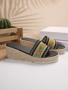 Bohemian Embroidered Straw Slide Sandals, Women's One-Strap Thick Platform Outdoor Slippers, Comfortable Summer Style - Black - View 7