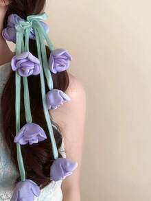 1 pieza Scrunchie de pelo con borlas y flores dulces, Lazo de pelo de satén con camelias rosa/azul/morado/rojo/amarillo, Nuevo accesorio de pelo elástico 2026 - Multicolor - Ver 3