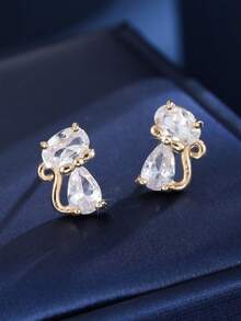 1 Pair Minimalist Double Rhinestone Cute Cat Zirconia Stud Earrings, Suitable For Friends, Dates, Daily Wear - W17874 - View 15