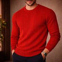 Men's Knitted Sweater Top Chic High Quality Textured Autumn Winter Long Sleeve - 紅色 - 查看 1