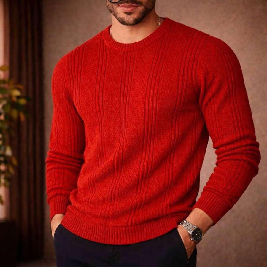Men's Knitted Sweater Top Chic High Quality Textured Autumn Winter Long Sleeve - 紅色 - 查看 1