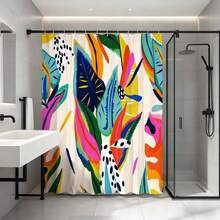 充满活力的热带植物彩色艺术浴帘，防水防霉涤纶材质，现代大胆的浴室装饰配件，带挂钩，加厚隐私帘，适用于淋浴房和浴缸，易于安装、清洁和快干，时尚植物图案浴帘，不褪色，防水，必备淋浴配件 - 粉紅紫 - 查看 3