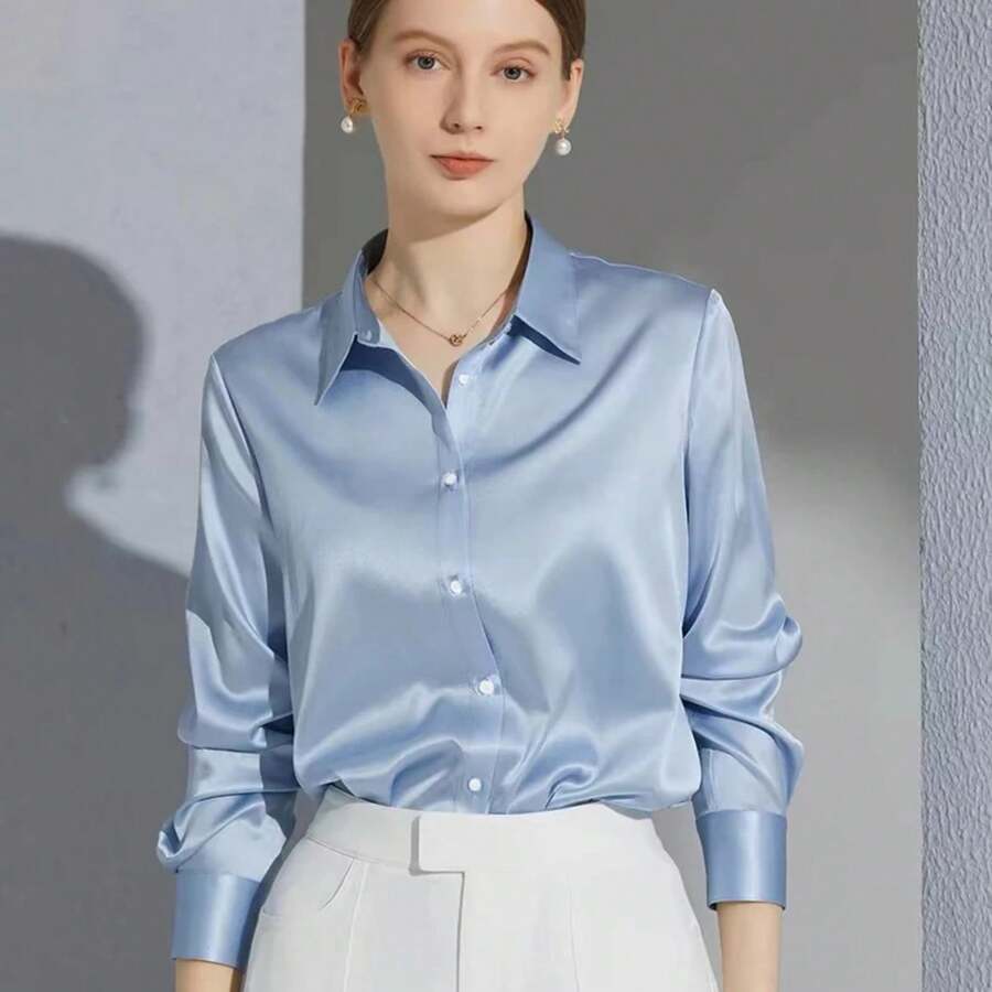 All-Match Satin Finish Shirts And Blouses Women Clothing Casual Top OL Long Sleeve Button Elegant Shirts French Solid Blouses - Đỏ - Xem 1