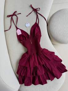 春夏女士派对礼服、鸡尾酒礼服、吊带层叠蛋糕裙、性感礼服、伴娘礼服、度假礼服，优雅 - 酒紅色 - 查看 1