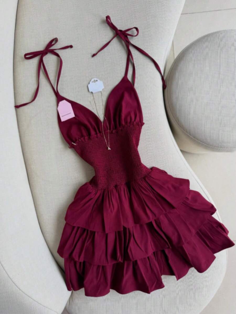 春夏女士派对礼服、鸡尾酒礼服、吊带层叠蛋糕裙、性感礼服、伴娘礼服、度假礼服，优雅 - 酒紅色 - 查看 1