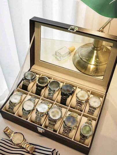 高端大容量手表收纳盒，手表和手镯展示架，适用于机械表和电子表，优雅黑色PU皮革外壳，带安全隔层，可收纳多块手表，是完美的礼品展示盒。PU皮革外壳，手表收纳盒，钟表展示盒，家居收纳，房间装饰，男女皆宜的礼品