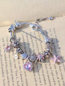 1pc Vacation Style Charm Bracelet With Sakura, Starfish, Pink Heart, Turtle, Butterfly, Coconut Tree Charms - Silver - View 6
