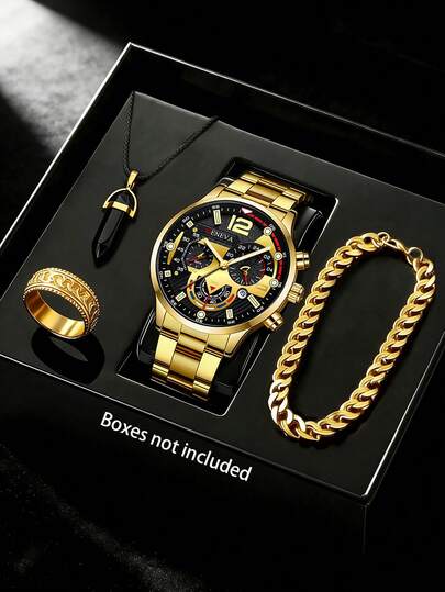 4pcs/Set Gold Alloy Steel Band Men's Business Casual Watch With Calendar, Bullet Pendant Necklace, Bracelet, Ring, Suitable For Business Gatherings, Birthday, Daily Wear, Father's Day Gift
