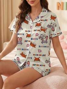 Disney 2pcs Animal City Series Printed Comfortable Satin Cute Casual Matching Short Sleeve Button-Up Shirt And Elastic Waist Shorts Pajama Set For Women, Soft And Breathable Fabric Suitable For All Seasons - Beige - View 6