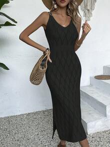 女士休闲V领纯色钩花开衩连衣裙，夏季全白，秋季返校季奶油黄，秋冬季优雅长款派对连衣裙（图案随机），度假沙滩黑色 - 黑色 - 查看 4