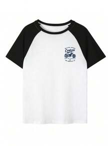 Kaos Wanita Musim Panas Model Raglan Warna Blok Leher Bulat Kasual dengan Motif Huruf & Motor, Potongan Pendek, Warna Putih - Putih - View 6