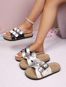 女士银黑色绑带凉拖鞋 女士时尚休闲沙滩人字拖 - 黑色 - 查看 2