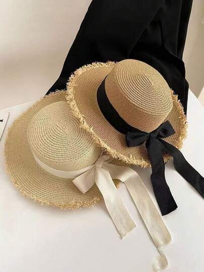 1顶女士宽檐遮阳帽，春夏户外沙滩帽，带蝴蝶结，优雅时尚，适合旅行和度假