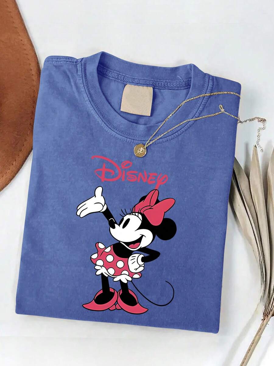Disney Authorized | Vintage Minnie Mouse T-Shirt For Men And Women -100 Cotton Washed Casual Summer T-Shirt-Vibrant Digital Printing-Machine Washable-Perfect Gift For Fans. - Màu xanh lam - Xem 1