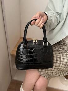 Fashionable Solid Color Embossed Handbag - Black - View 3