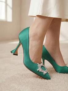 Women's Sparkling Rhinestone Satin Pumps - 3.5 Inch Pointed Toe High Heels - Green - màu xanh lá - Xem 8