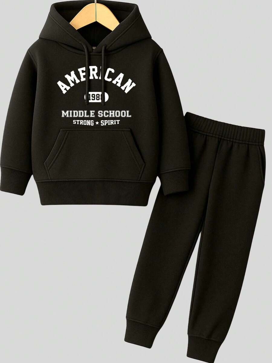 Children's Printed Sweatshirt Set, Blouse And Flannel Trousers - Black - View 1