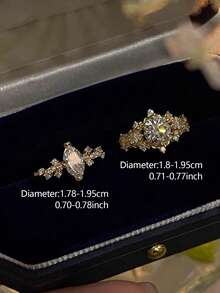 2pcs Luxury Oval Full Zirconia Elegant Party Wedding Vacation Bridal Adjustable Copper Ring Set For Women - Yellow Gold - View 4