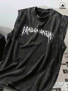 Men's Letter Print Washed Tank Top, Minimalist & Fashionable, Suitable For Summer, 2000s Style - Black - View 1