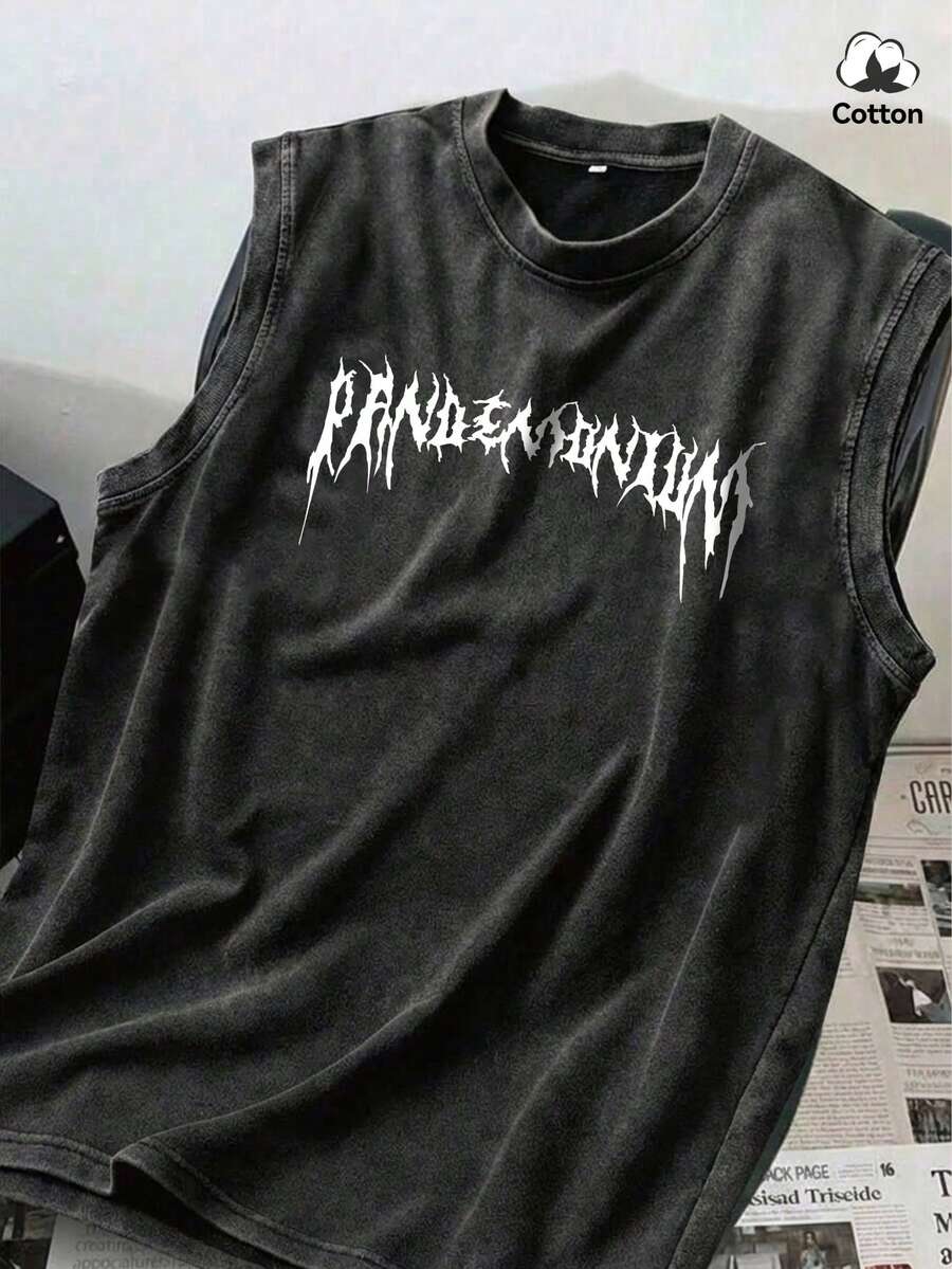 Men's Letter Print Washed Tank Top, Minimalist & Fashionable, Suitable For Summer, 2000s Style - Black - View 1