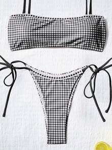 Bộ bikini hở lưng bèo nhún thắt nơ in họa tiết kẻ caro dễ thương dành cho nữ, thích hợp cho bãi biển mùa hè, lễ Phục sinh, ngày Thánh Patrick, đi chơi, lễ tốt nghiệp, kỳ nghỉ thanh lịch. - Đen và trắng - Xem 4