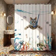 趣味浮潜猫海洋探险主题浴帘，防水防霉涤纶材质，浴室装饰，充满奇趣海洋风情，加厚隐私帘，适用于淋浴房和浴缸，易于安装、清洁、快干，时尚水下图案，不褪色，防水，必备淋浴配件 - 白色 - 查看 11