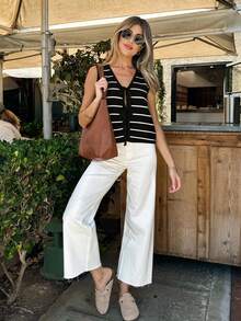 Joy Knit 女士春夏新款针织上衣 - 休闲简约 V 领条纹系带蝴蝶结背心罩衫度假沙滩黑色 - 黑色 - 查看 4