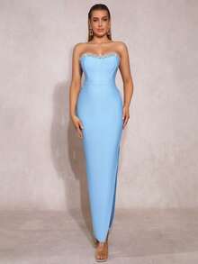 Modphy Đầm maxi cúp ngực, xẻ cao đến đùi, đính đá lấp lánh, thích hợp làm đầm phù dâu cho đám cưới và tiệc tùng. - Màu xanh nhạt - Xem 8