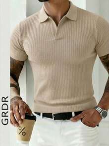 GRDR 男士夏季针织Polo衫，纯色短袖针织领，适合夏季外出穿着，时尚穿搭必备单品 - 杏色 - 查看 3