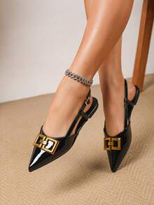 新款春夏时尚女式尖头黑色搭扣带极简平底凉鞋 - 黑色 - 查看 2