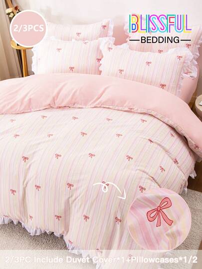 Blissful 2/3pcs Floral Lace, Solid Stripe, Bow Element, Fresh And Soft Bedding Set Combination. Set Includes: 1pc Floral Lace Duvet Cover + 1/2pcs Floral Lace Pillowcase (Without Comforter And Pillow Insert), Hidden Zipper, 4 Corner Ties, Suitable For Home, Dorm, Travel Hotel, All Seasons