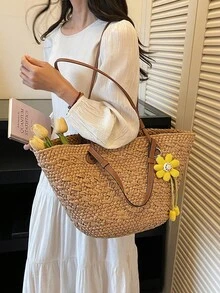 1 chiếc túi đeo vai dệt mới, túi tote rơm dung tích lớn, không kèm mặt dây chuyền, túi đi biển thời trang. - màu nâu - Xem 8