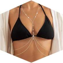 14K Gold Plated Sexy Body Chains For Women, Layered Rhinestone Crossover Bikini Bra Body Jewelry, Summer Beach Crystal Belly Waist Chain - 9顆鑽石(銀色) - 查看 2