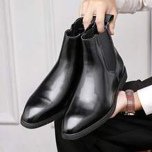 Men's Shiny Chelsea Boots, British-Style Elastic Band Ankle Boots, Business Casual Black Leather Shoes, High Boots, High-Top Shoes, Men's Shoes - Black - View 5